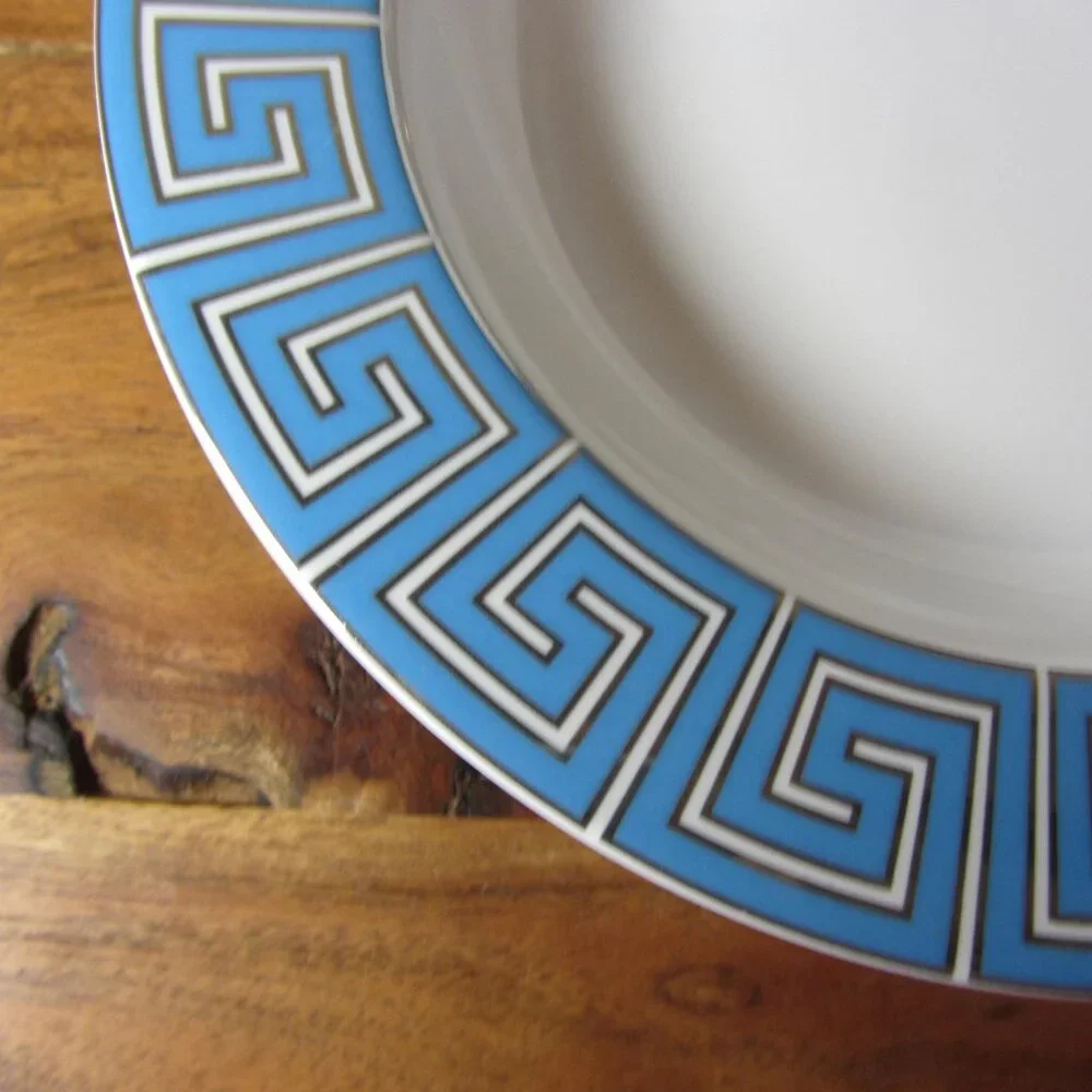 Jonathan Adler silver & blue greek key bowls- pair of 2 (W5106)